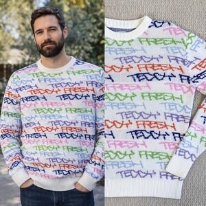 Teddy Fresh Graffiti Logo Sweater White Multi Mens Medium knit Streetwear